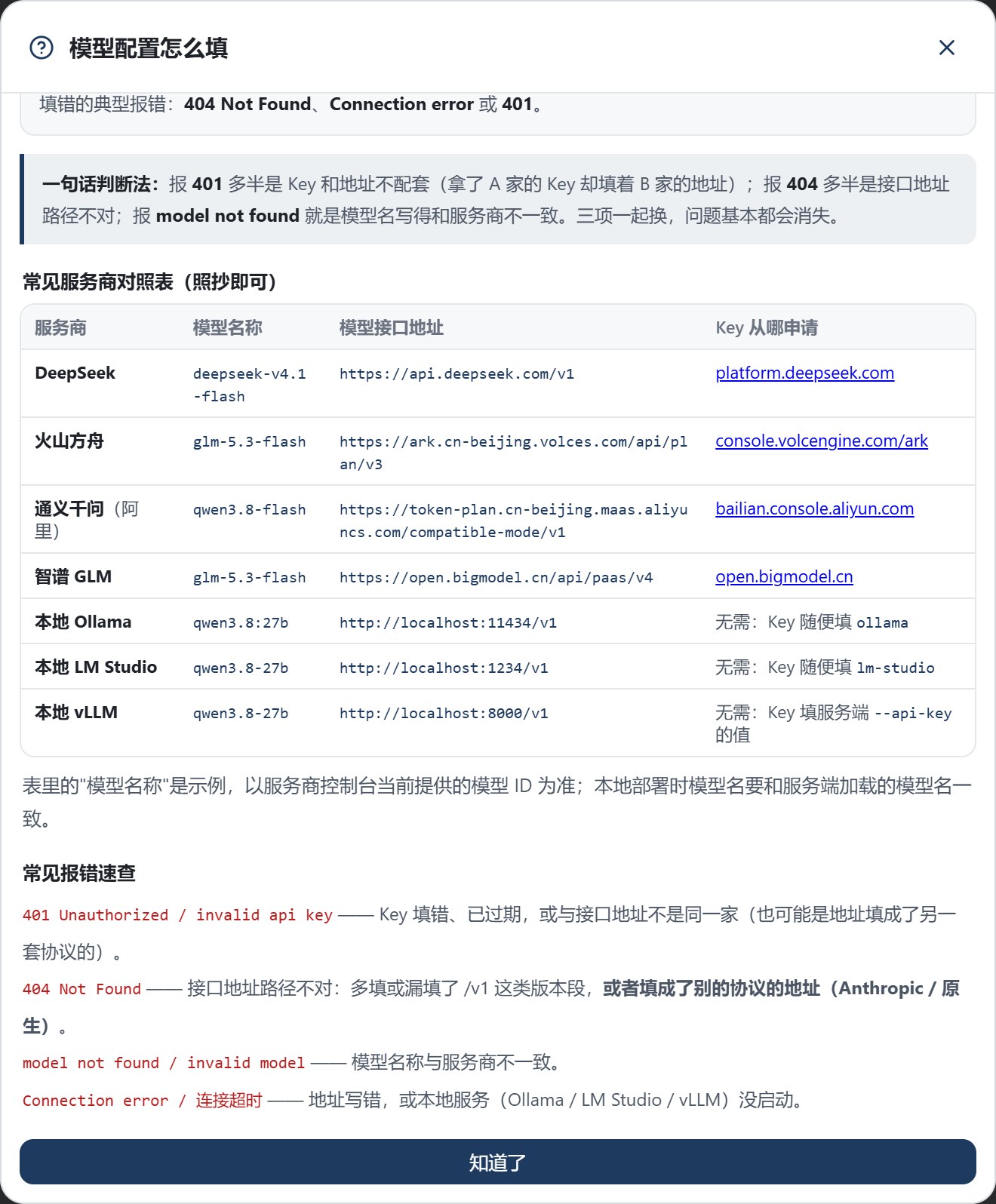 模型配置页内置的服务商对照表：DeepSeek / 通义千问 / 智谱 GLM / 火山方舟 / 本地 Ollama / LM Studio / vLLM