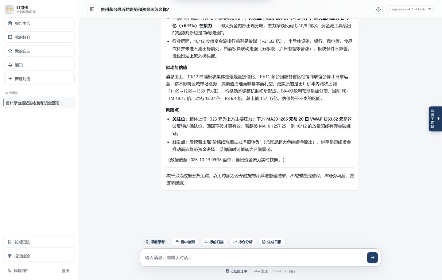 盯盘侠主界面：AI 问答自动取数作答