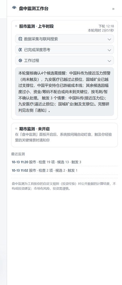 盘中监测工作台：每轮采集 / 思考 / 研判过程可回看